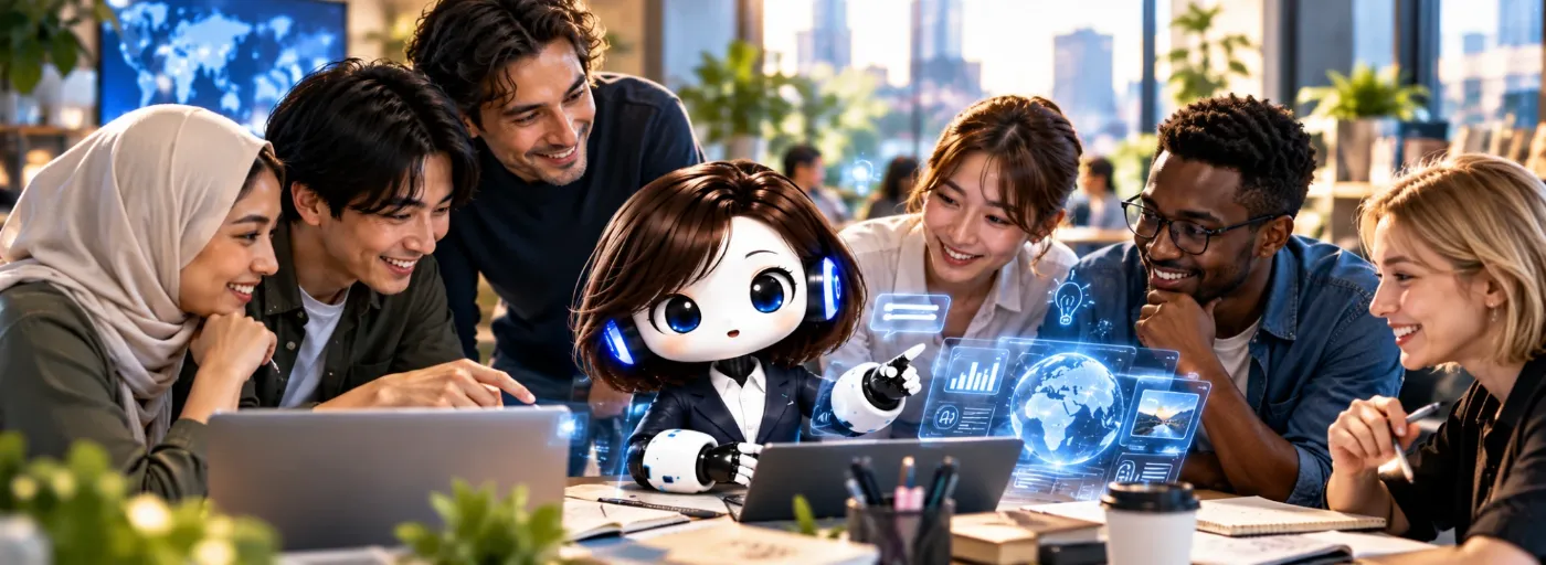 Illustration: six people gather around a table with a small robot, which points to floating charts and a globe.