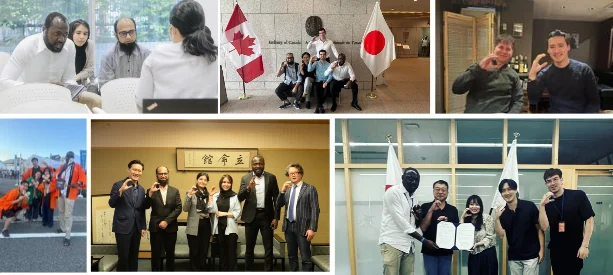 A collage of six photos of Robo Co-op members and partners: a small team meeting around a table; a group between the Canadian and Japanese flags; two people each making a C shape with one hand; a group in orange jackets on a street; six people under a framed calligraphy, several making a C shape; and five people, two of them holding up documents.