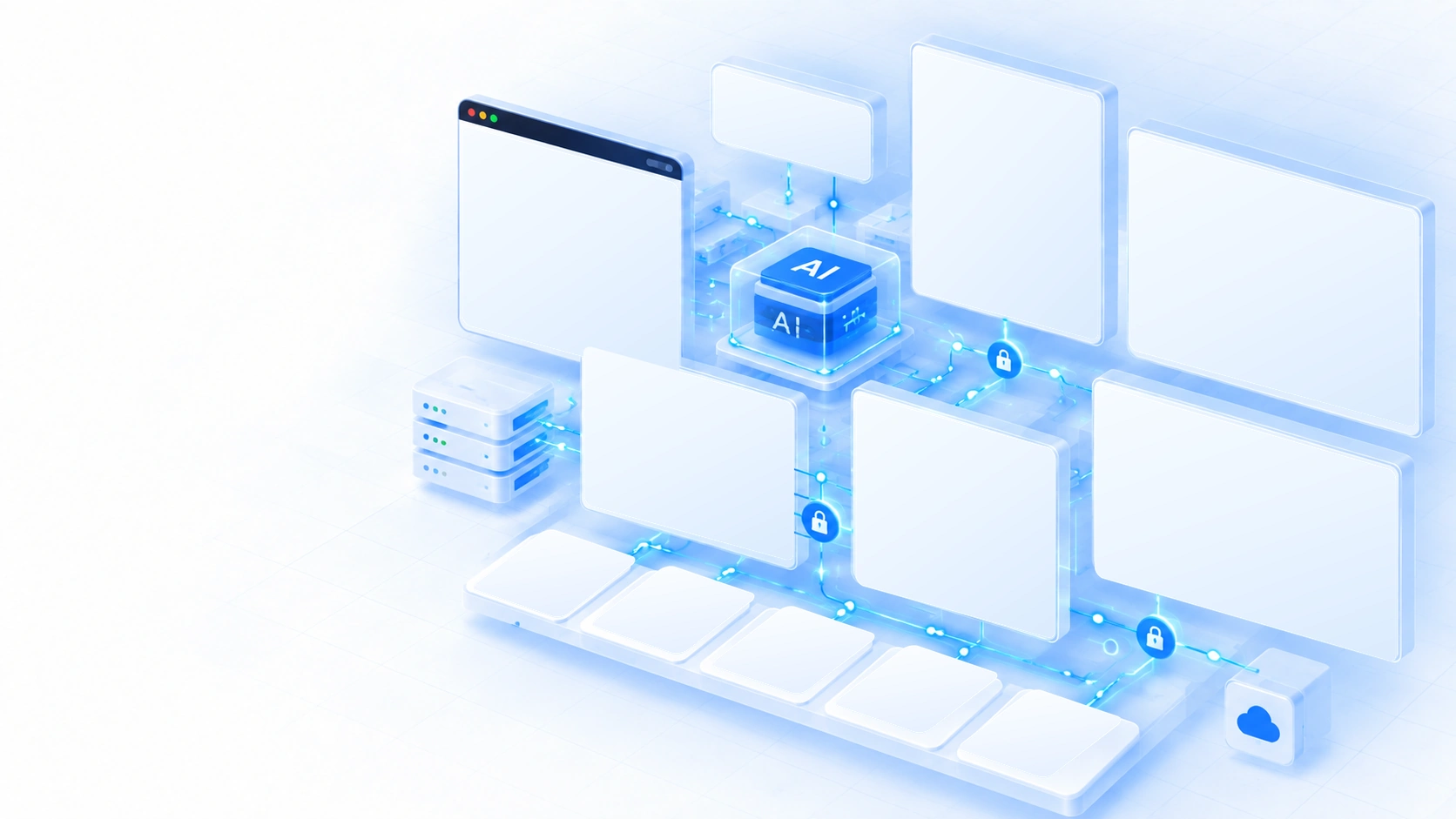 White and blue isometric architecture: an AI core surrounded by zero-trust controls, scoped permissions, a human approval flow and an audit trail.