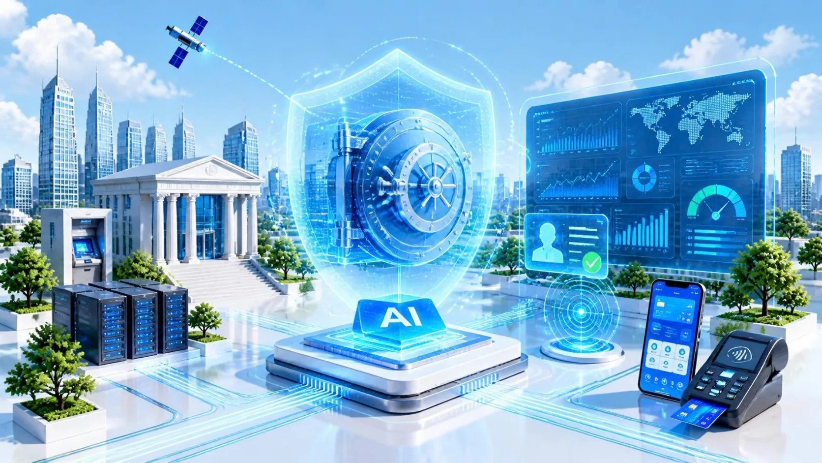 Illustration of secure, AI-assisted banking: a bank vault door inside a glowing holographic shield above an AI platform, linked by light trails to a bank building, an ATM, servers, a risk dashboard, an identity-check card, a phone banking app and a card payment terminal.