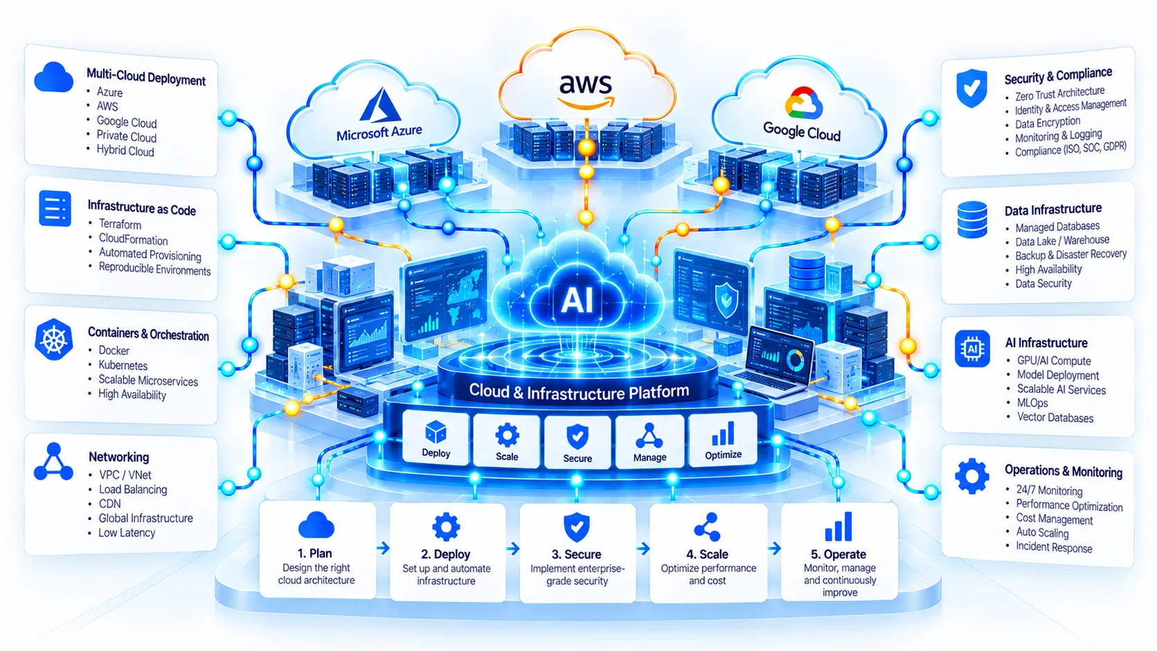 On the left, four service cards: multi-cloud deployment across Azure, AWS, Google Cloud, private and hybrid cloud; infrastructure as code with Terraform and CloudFormation; containers and orchestration with Docker and Kubernetes; and networking. Across the top, the Microsoft Azure, AWS and Google Cloud logos above racks of servers, all feeding a central AI cloud on a cloud and infrastructure platform marked deploy, scale, secure, manage and optimize. On the right, four more cards: security and compliance, listing zero trust, identity and access, encryption, monitoring and the ISO, SOC and GDPR standards; data infrastructure; AI infrastructure; and operations and monitoring, including round-the-clock monitoring. Along the bottom, five steps: plan, deploy, secure, scale, operate. The labels describe kinds of work, not certifications held or a service staffed around the clock.