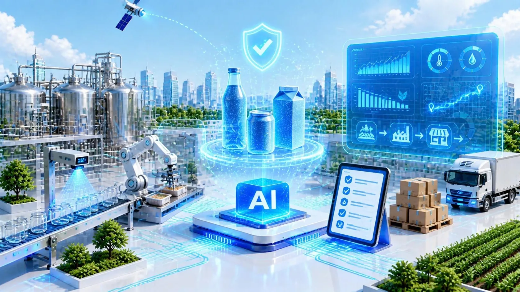 Illustration of smart food and beverage production: a holographic bottle, can and carton under a food-safety shield above an AI platform, linked by light trails to stainless-steel processing tanks, a jar line under a vision camera, a robot arm sealing food trays, a production dashboard with a farm-to-store route, a quality checklist on a tablet, pallets of cartons, a refrigerated truck and a crop field.