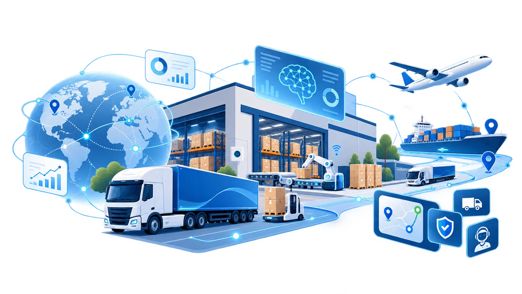 Illustration of a connected logistics network: a globe linked by delivery routes, a warehouse with robotic handling, a delivery truck, a cargo ship and a plane, and dashboards for tracking, security and support.