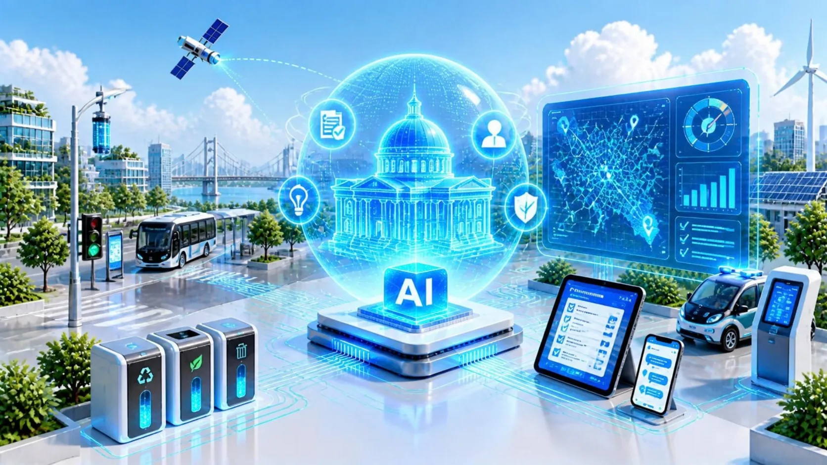 Illustration of a connected smart municipality: a glowing holographic city hall inside a protective dome above an AI platform, with document, citizen, idea and security icons around it, linked by light trails to a street with a smart traffic light, a streetlight sensor and an electric bus, a bridge, smart recycling bins, a city dashboard with a map, gauge and service charts, an online form on a tablet, a citizen chat on a phone, a self-service kiosk, an emergency vehicle, solar panels and a wind turbine.