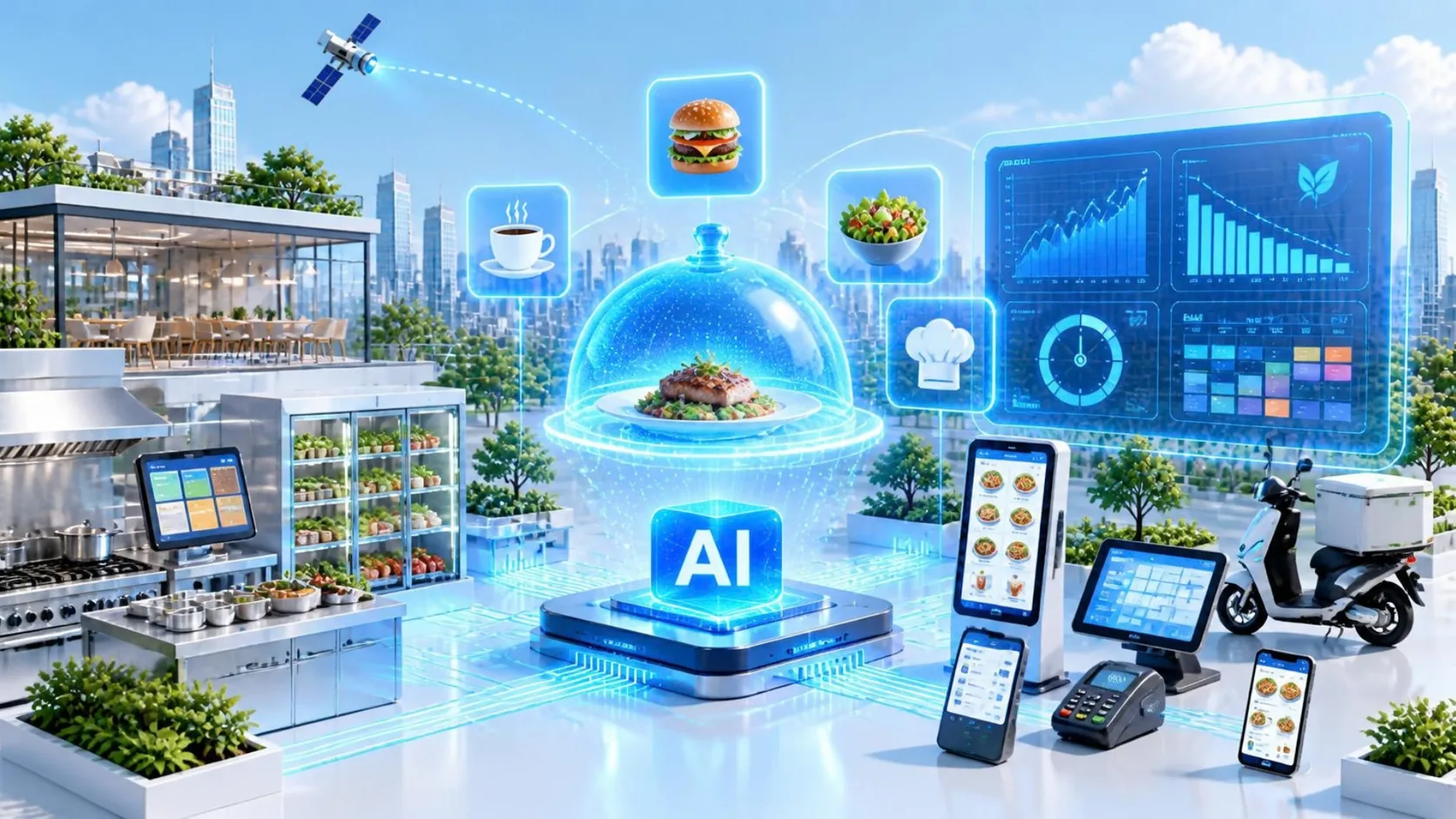 Illustration of AI-assisted restaurant operations: a glowing holographic serving cloche over a plated dish above an AI platform, with menu items floating around it, linked by light trails to a dining room, a stainless-steel kitchen with a kitchen display, a fridge of fresh ingredients, a dashboard with demand, food-waste, speed-of-service and shift-schedule panels, a self-order kiosk, a point-of-sale tablet, a card terminal, ordering apps on phones and a delivery scooter.