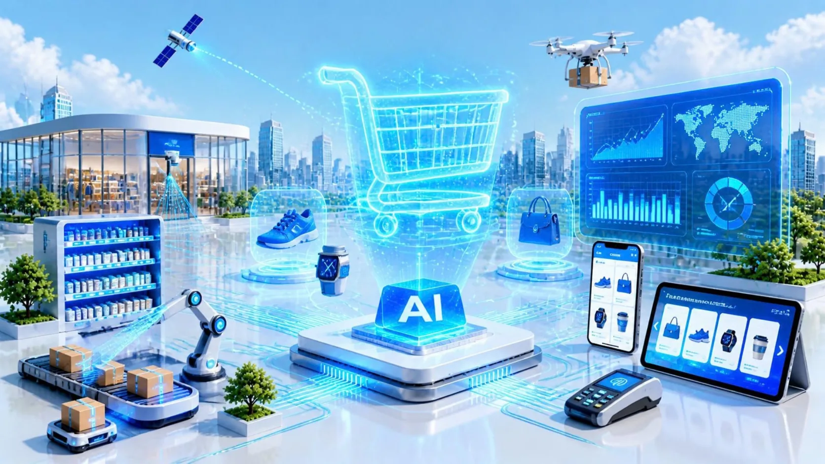 Illustration of AI-powered omnichannel retail: a glowing holographic shopping cart above an AI platform, with products floating around it, linked by light trails to a store with smart shelves and an in-store camera, a robot arm and conveyor packing parcels, a delivery drone, a demand dashboard, an online shop on a phone and a tablet, and a card payment terminal.