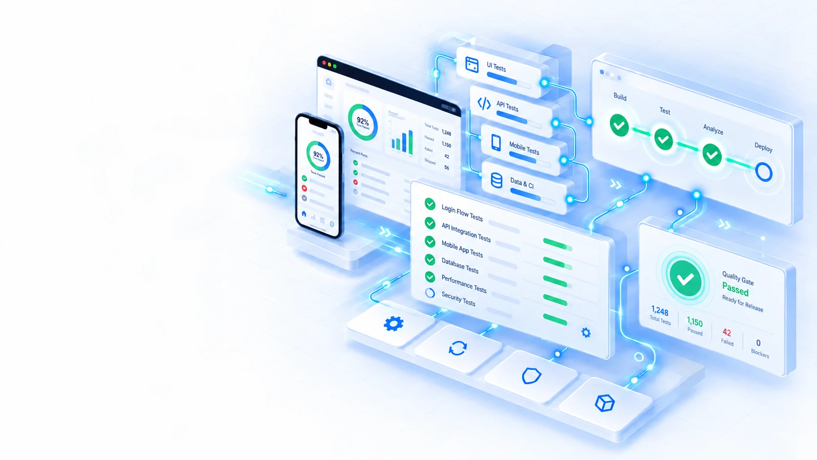 Light isometric test automation scene. A browser and phone show
                                  QA dashboards. UI, API, mobile and data testing feed a build,
                                  test, analyze and deploy pipeline, a regression suite and a
                                  quality gate. Dashboard labels and numbers are illustrative
                                  mock data, not actual assessment results.