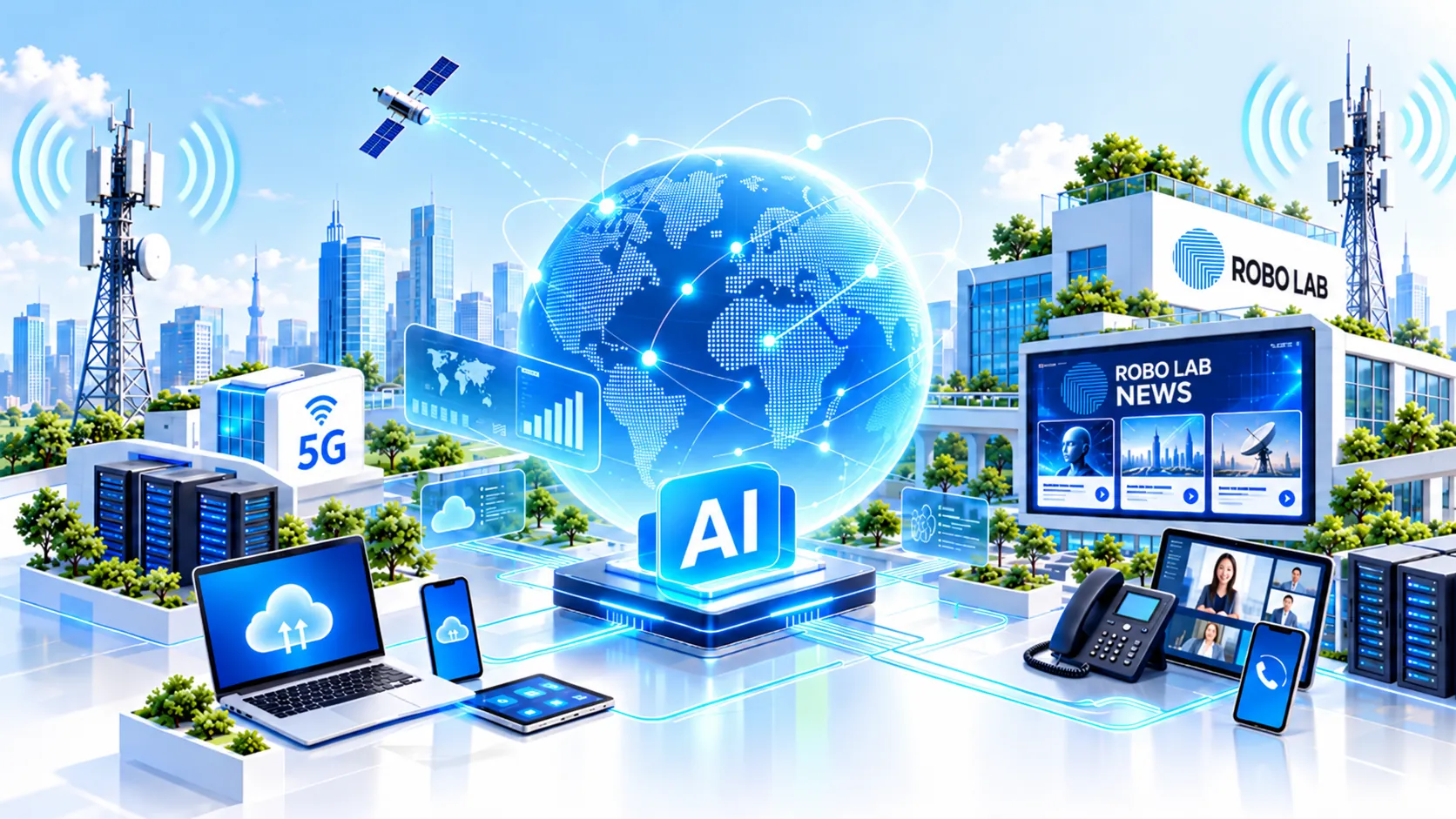 Illustration of a connected technology, media and telecommunications ecosystem: a glowing globe above an AI hub, linked to broadcast and 5G towers, a satellite, cloud servers, a laptop, phones and a tablet, a video call, and a Robo Lab news screen.