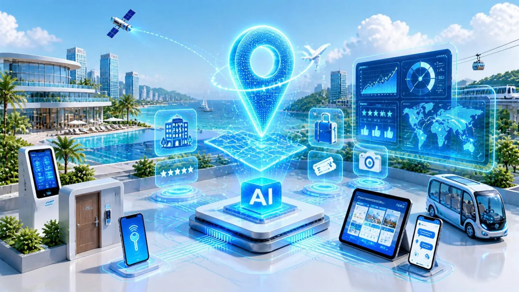 Illustration of connected, AI-assisted travel: a glowing holographic map pin above a travel map and an AI platform, with a plane on its orbit and hotel, review, luggage, ticket and camera tiles around it, linked by light trails to a seaside resort with a pool, a self check-in kiosk, a room door with a mobile key, a dashboard with demand, occupancy, review and route panels, a booking tablet, a concierge chat on a phone, a shuttle bus, a cable car and a train.