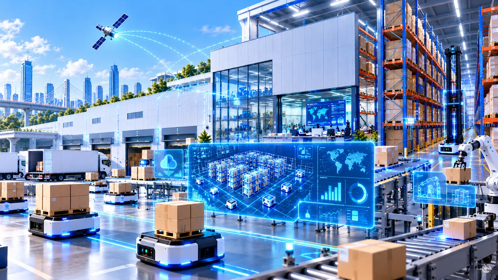 Illustration of an automated warehouse: autonomous mobile robots carrying cartons across the floor, high-bay racking, conveyors and a robotic arm, a digital-twin dashboard of the storage zones, and trucks at the loading docks.